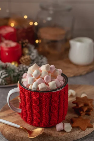 Winter Drink Hot Cocoa Marshmallows Mug Red Handmade Sweater — Stock Photo, Image