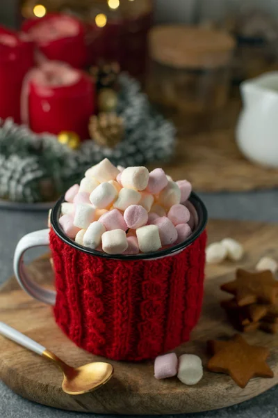 Winter Drink Hot Cocoa Marshmallows Mug Red Handmade Sweater — Stock Photo, Image