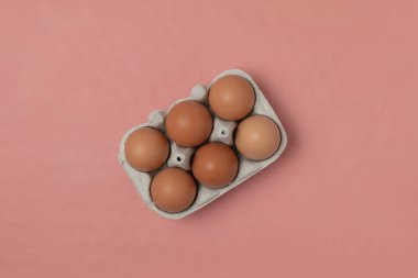 Çiğ tavuk yumurta karton konteyner mercan arka plan - Paskalya kavramı, kopya alanı, yaşayan en iyi görünümü