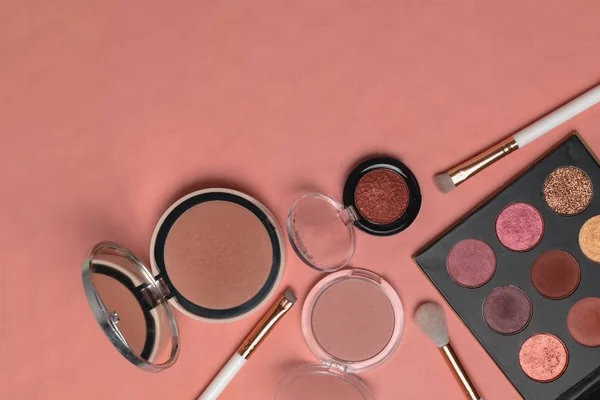 Makeup Products Beauty Blogger Social Media Flat Lay Powder Eyeshadows — Stock Photo, Image