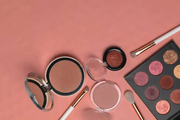 Make Producten Schoonheid Blogger Sociale Media Plat Leggen Poeder Eyeshadows — Stockfoto