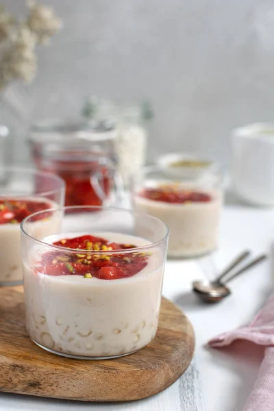 Healthy vegan dairy free dessert - tapioca pearls pudding with c