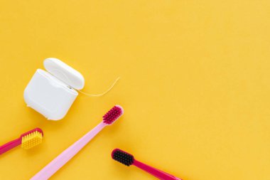 Diş hijyeni - diş fırçaları, diş ipi düz yatıyordu, üst görünümü,