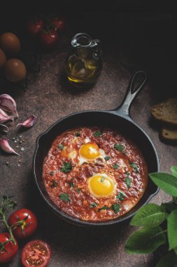 Shakshuka dökme demir tavada, baharatlı domates soslu orta doğu sahanda yumurta, üst manzara, koyu arkaplan