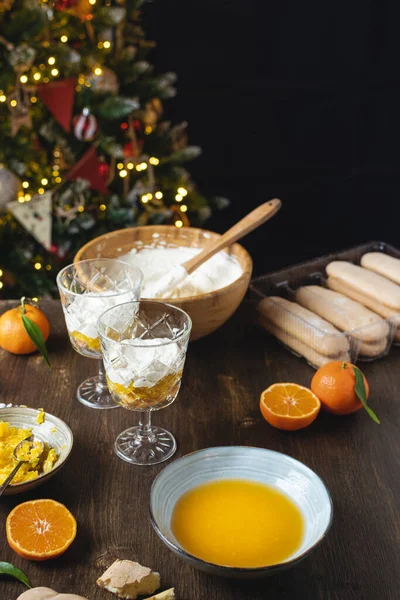 Process Preparation Christmas Layered Dessert Bake Cheesecake Trifle Tangerines Chocolate — Stock Photo, Image