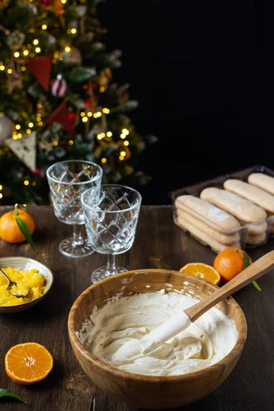 Process Preparation Christmas Layered Dessert Bake Cheesecake Trifle Tangerines Chocolate — Stock Photo, Image