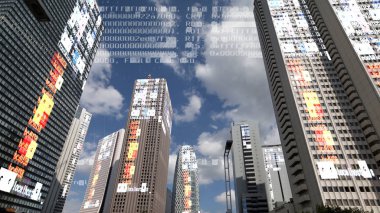 tokyo city skyline scene with data and computer programming information mapped onto each building face clipart
