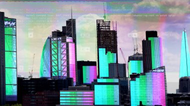 televizyon aksaklık ve binalar üzerinde eşlenen bozulma ile şaşırtıcı Londra cityskyline.