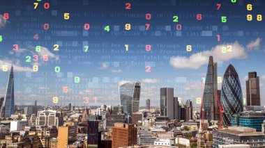 Londra şehir manzarası ile veri ve bilgisayar bilgi bina cephe eşlenen programlama