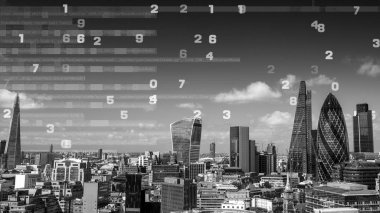 Londra şehir manzarası ile veri ve bilgisayar bilgi bina cephe eşlenen programlama