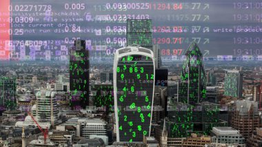 Londra şehir manzarası ile veri ve bilgisayar bilgi bina cephe eşlenen programlama