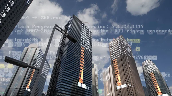 tokyo city skyline scene with data and computer programming information mapped onto each building face