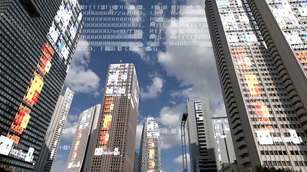 tokyo city skyline scene with data and computer programming information mapped onto each building face