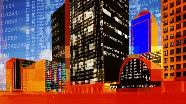 london docklands with data and computer programming information mapped onto each building face