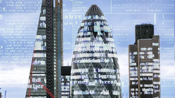 Londra şehir manzarası ile veri ve bilgisayar bilgi bina cephe eşlenen programlama