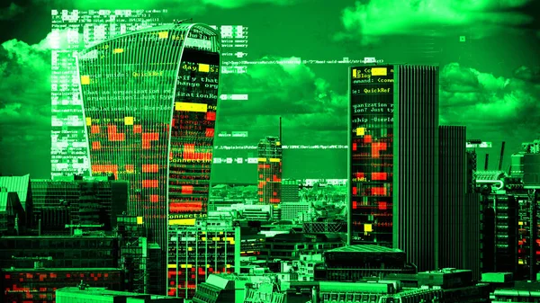 London City Skyline Data Computer Programming Information Mapped Building Facades — Stock Photo, Image