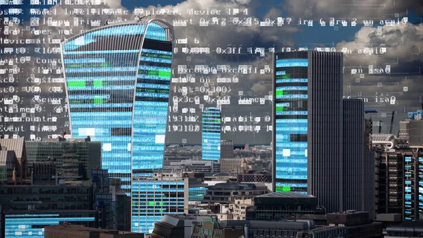 London City Skyline Data Computer Programming Information Mapped Building Facades — Stock Photo, Image