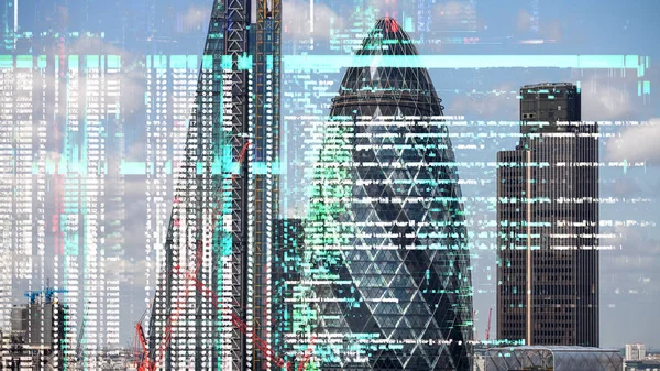 Στον Ορίζοντα Της Πόλης Λονδίνο Δεδομένα Και Προγραμματισμού Πληροφορίες Overlayed — Φωτογραφία Αρχείου