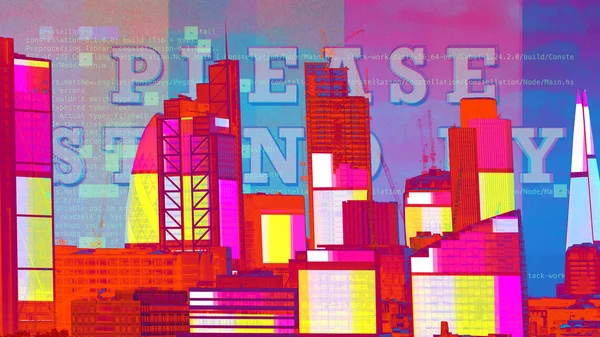 Fantastiska London Cityskyline Med Glitch Och Distorsion Mappas Över Byggnader Stockbild