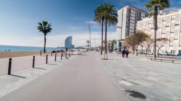 Barcelona Spain March 2018 Pov Shot Travelling Beach Neighbourhood Barceloneta — Stock Video