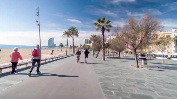 Барселона Испания Марта 2018 Года Фото Пова Путешествующего Пляжному Району — стоковое видео