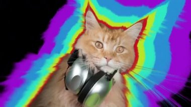 kulaklıklar ile güzel serin disko kedi. Kasıtlı yerleştirilmiştir video bozulma ve aksaklık efektleri