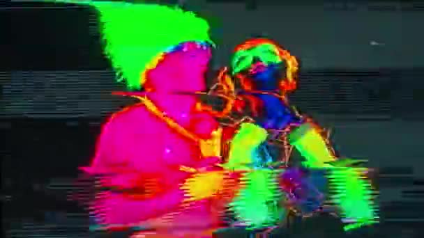 Glow Raver Man Woman Tied Together Led Cables Filmed Fluorescent — Stock Video