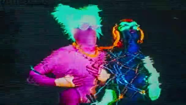 Glow Raver Man Woman Tied Together Led Cables Filmed Fluorescent — Stock Video