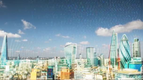 Geweldige Skyline Van Londen Met Televisie Glitch Vervorming Toegewezen Gebouwen — Stockvideo