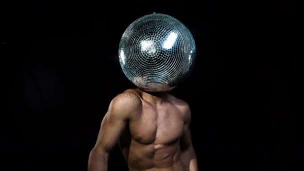 Muscular Man Dancing Mirror Ball Head Black Background — Stock Video