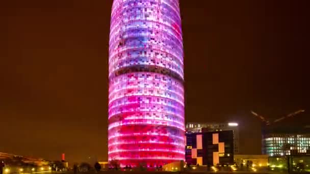 Barcelona Spanien Februar 2018 Beleuchtung Auf Dem Torre Agbar Turm — Stockvideo