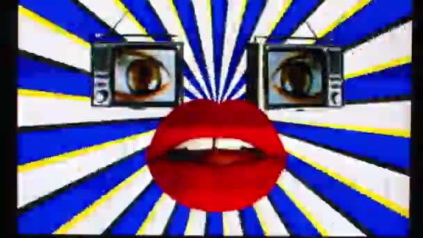 用两台电视制作的机器人脸 眼睛在屏幕上播放 美丽的红唇 — 图库视频影像