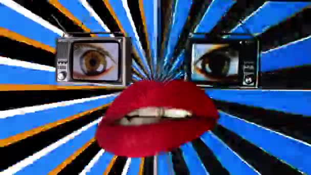Робот Обличчя Двох Телевізорів Очима Граючи Екрані Красиві Червоні Губи — стокове відео