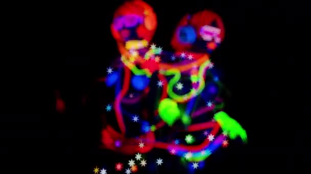 Two Female Disco Dancers Fluorescent Costume Black Background — Stock Video