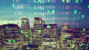 London docklands günbatımı timelapse numarası, veri ve bilgisayar manzarası eşlenen bilgi programlama ile