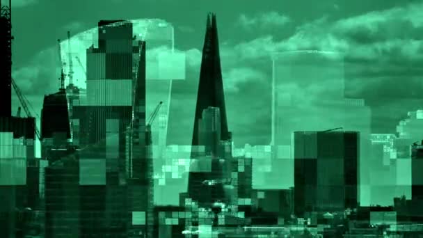 London City Skyline Med Glitch Effekt Bygga Fasader — Stockvideo