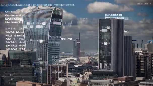 Fantastiska London City Skyline Timelapse Med Data Och Datorprogrammering Information — Stockvideo