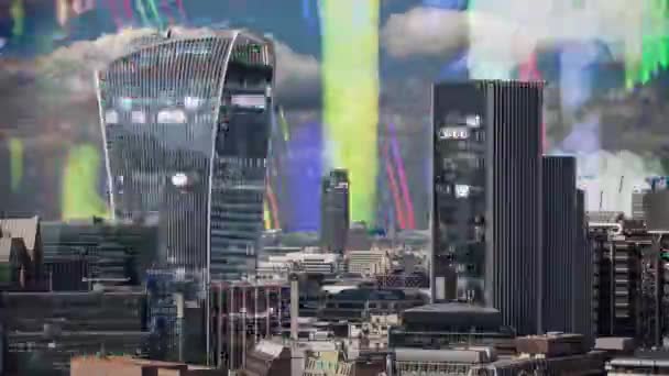 惊人的伦敦城市 Timelapse 与建筑扭曲电视故障和视频静态 — 图库视频影像