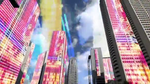 Gebouwen Van Stad Tokio Met Neon Glitch Abstracte Ingang — Stockvideo