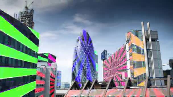 London Docklands Med Spinning Färgglada Effekt Mappas Varje Byggnad Ansikte — Stockvideo