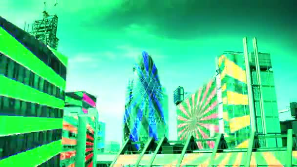 Londons Docklands Mit Sich Drehenden Bunten Effekten Auf Jeder Gebäudefläche — Stockvideo
