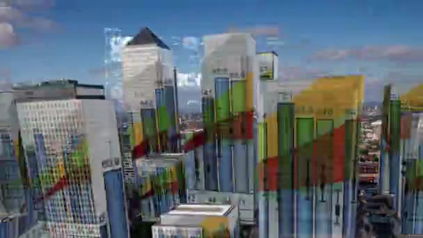 Лондон Docklands Timelapse Акціями Фінансової Інформації Графіків Зіставлені Кожній Грані — стокове відео