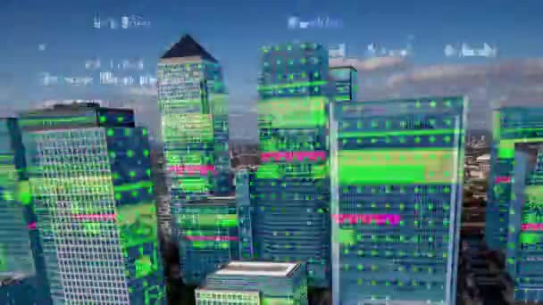 ロンドン ドックランズ タイムラプス財務データおよびコンピューターのプログラミング情報と各建物の外観にマップ — ストック動画