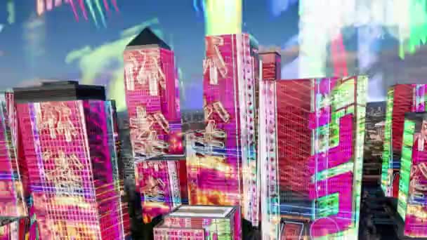 ネオンと各建物の外観のマッピング光表示ロンドン ドックランズ タイムラプス — ストック動画