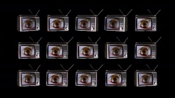 Τηλεόρασης Περιστρεφόμενο Χώρο Μεγάλα Μάτια Κοιτάζοντας Γύρω Στις Οθόνες Εφέ — Αρχείο Βίντεο