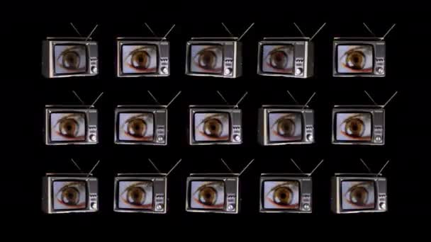 Television Rotating Space Large Eyes Looking Screens Glitch Distortion Effects — Stock Video