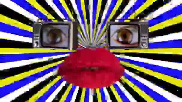 台のテレビ画面と美しい赤い唇で遊んで目で作ったロボット顔 — ストック動画