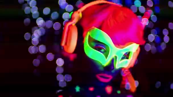 Sexy Dancer Fluorescent Clothing Headphones Black Background — Stock Video