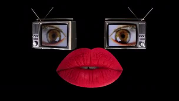 Iki Televizyon Gözlü Güzel Kırmızı Dudaklar Ekran Üzerinde Oynama Yapılmış — Stok video