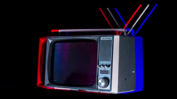 Découpe Télévision Rétro Tournant Dans Espace Avec Distorsion Écran — Video